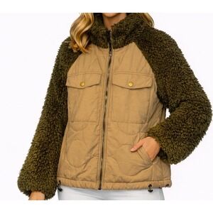 Teddy ChoreCoat Women's Sz Xs Brown Green Comfy Warm Boho Indie Faux Fur jacket